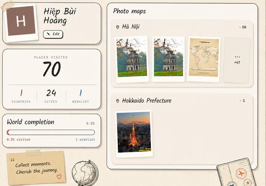 A WanderMemo travel profile: 70 places visited across countries and cities, a world-completion bar and photo maps