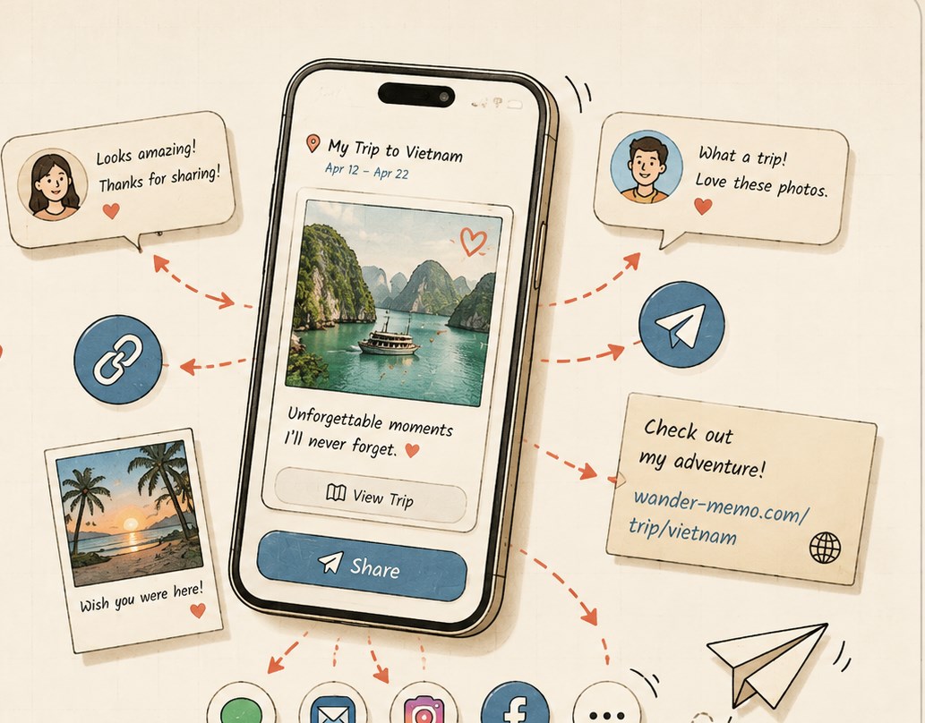 A phone sharing a WanderMemo trip to friends, with reactions and social share icons around it