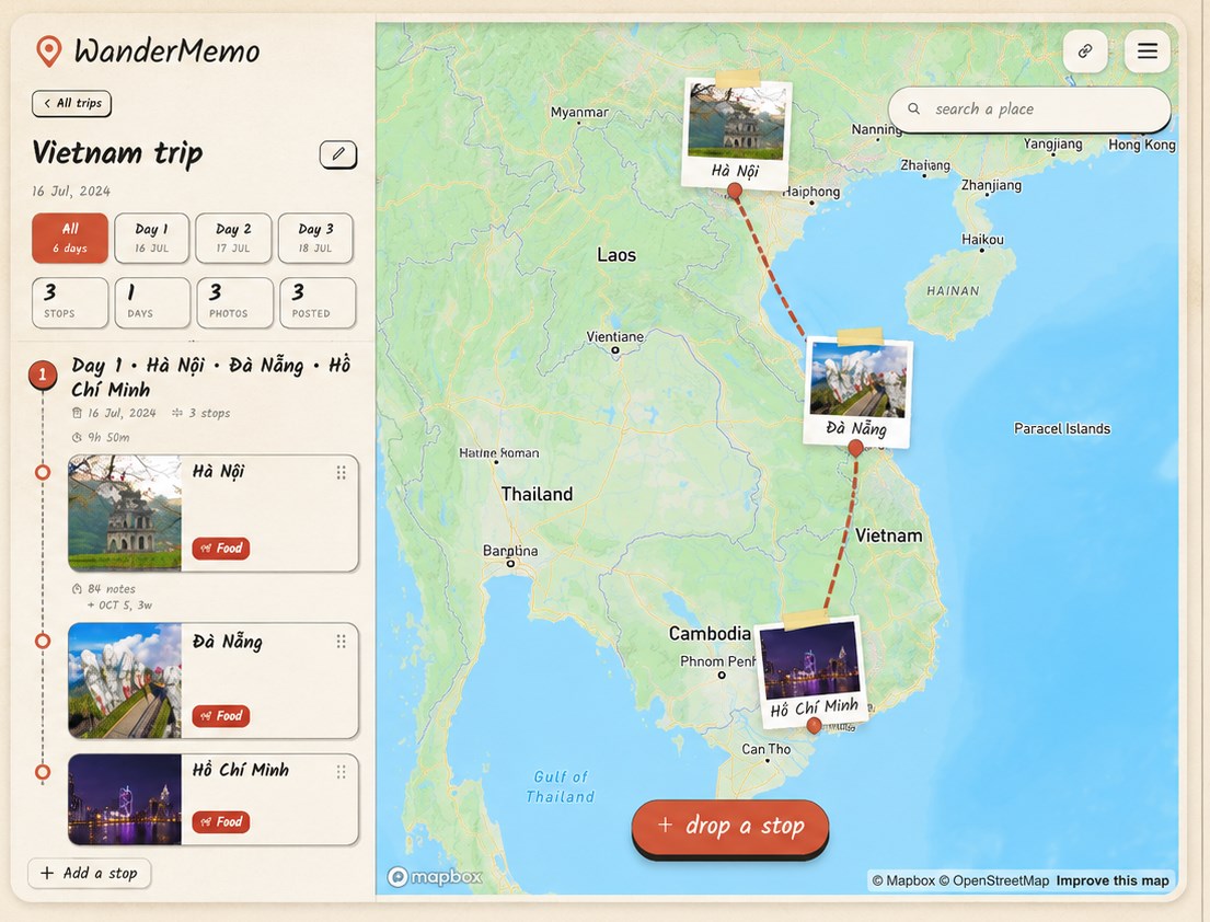 A WanderMemo trip timeline for a Vietnam trip: day-by-day stops in Hà Nội, Đà Nẵng and Hồ Chí Minh beside a route map