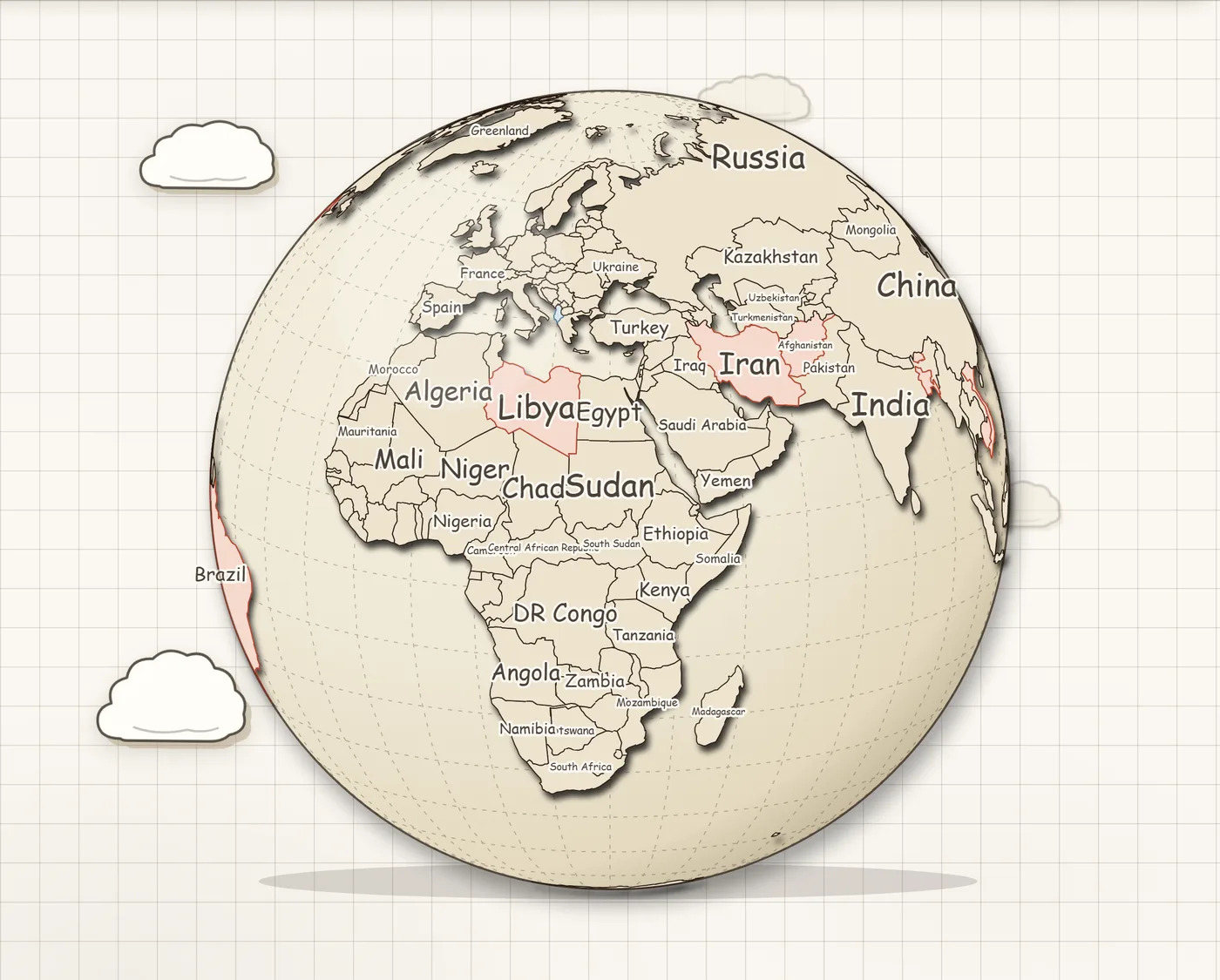 The WanderMemo globe, spun to show the countries a traveller has visited