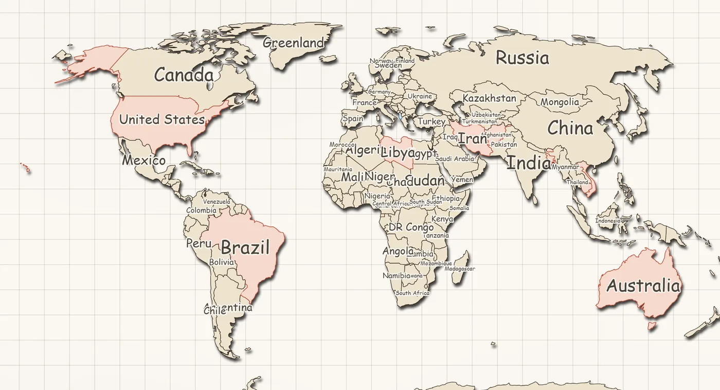 A custom travel map of the world exported from WanderMemo, visited countries filled in